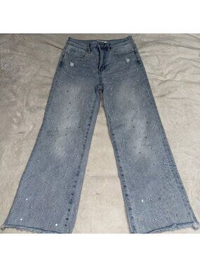 Altar’d State Womens 26 Pearl Rhinestone Wide Leg Jeans Light Wash Distressed